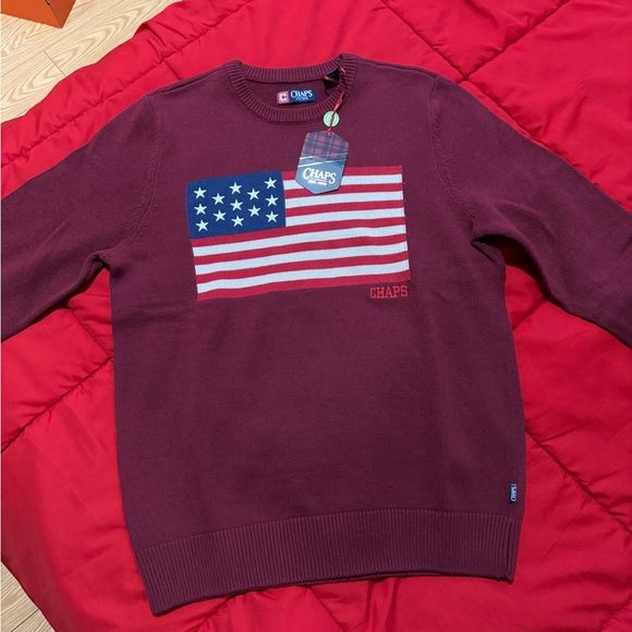 Chaps Men's Maroon Sweater with Flag Design